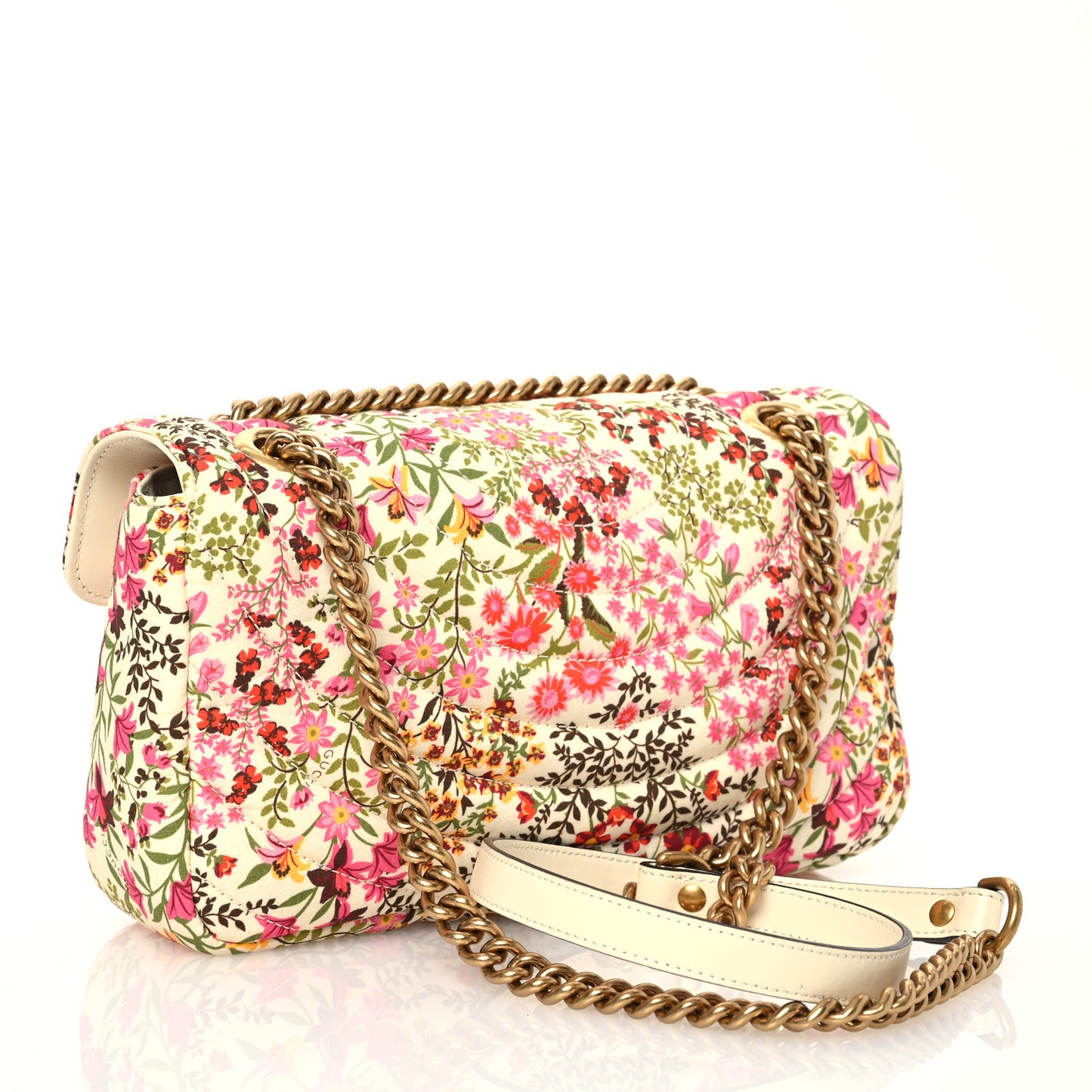 Cotton Calfskin Matelasse Floral Print Small GG Marmont Shoulder Bag Ivory Pink