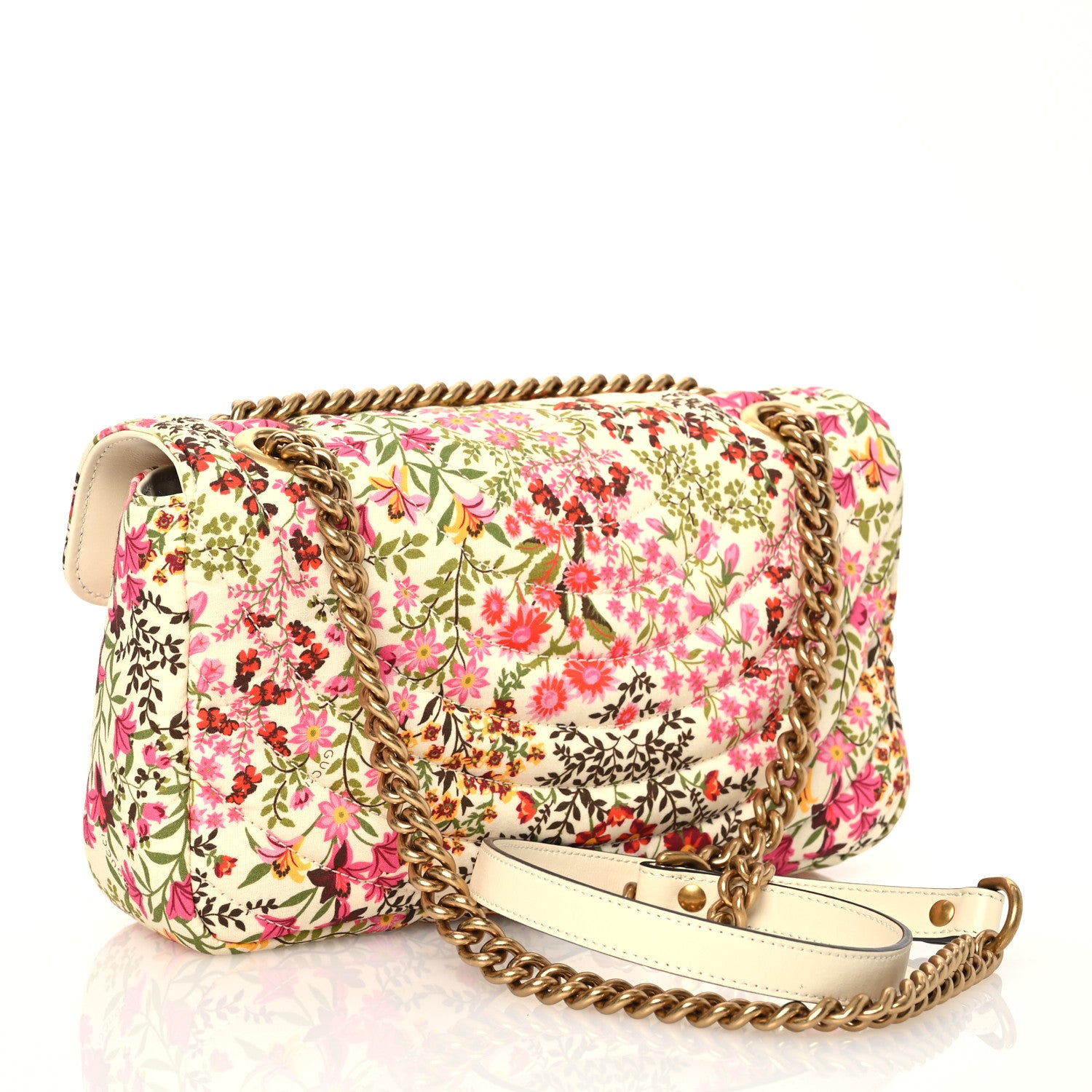 Gucci Cotton Calfskin Matelasse Floral Print Small GG Marmont Shoulder Bag Ivory Pink 3 of 12