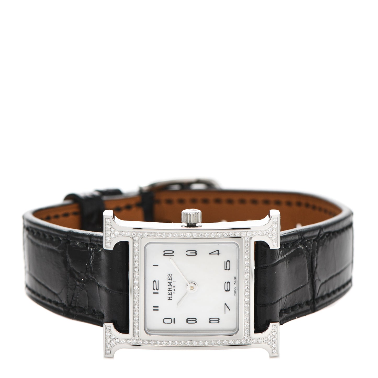 Stainless Steel Alligator Diamond Bezel Mother of Pearl 21mm Heure H Hour Quartz Watch Noir