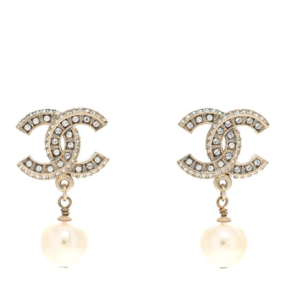 Chanel Crystal Timeless CC Pearl Drop Earrings Light Gold 1 of 5