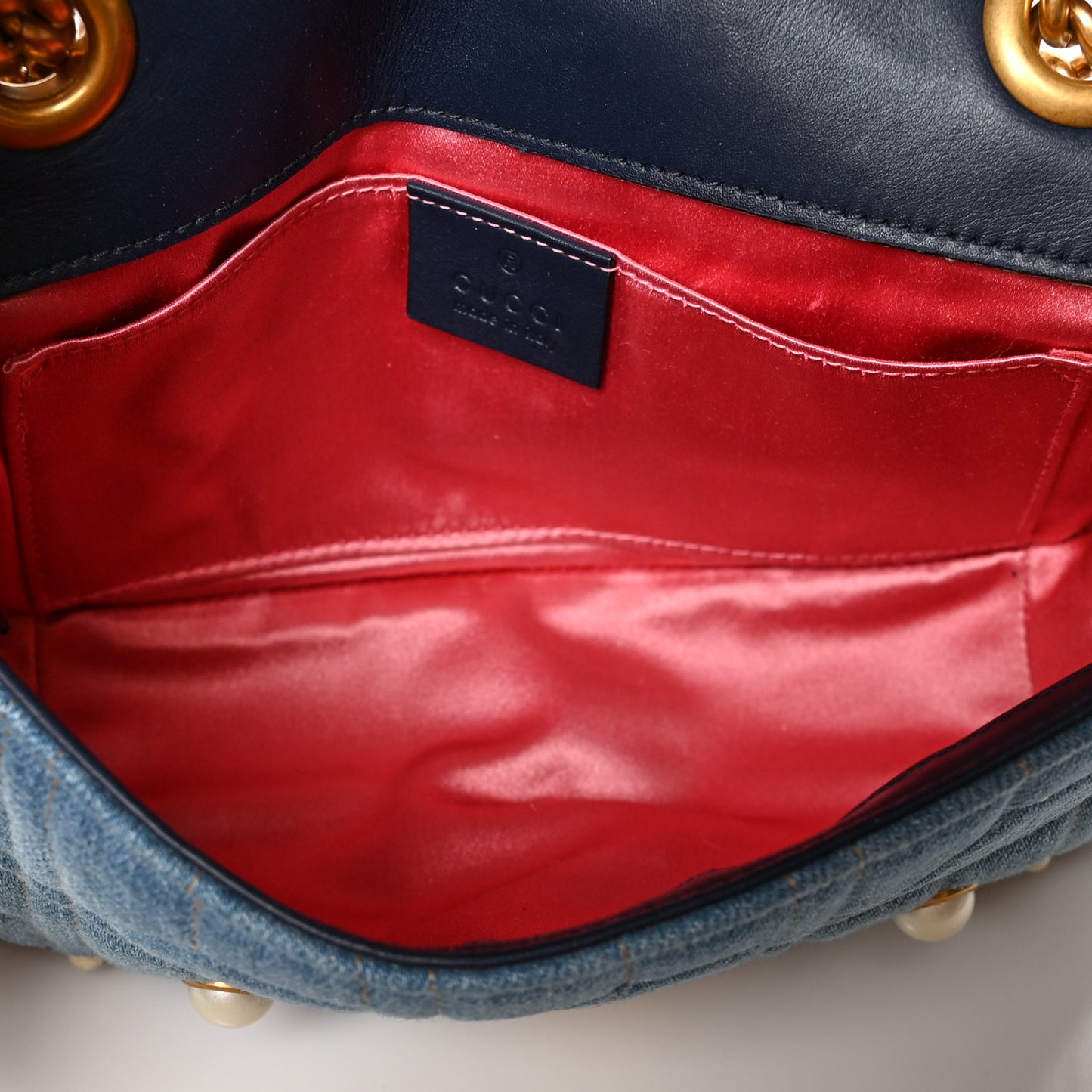 Denim Matelasse Pearl Studded Mini GG Marmont Shoulder Bag Blue