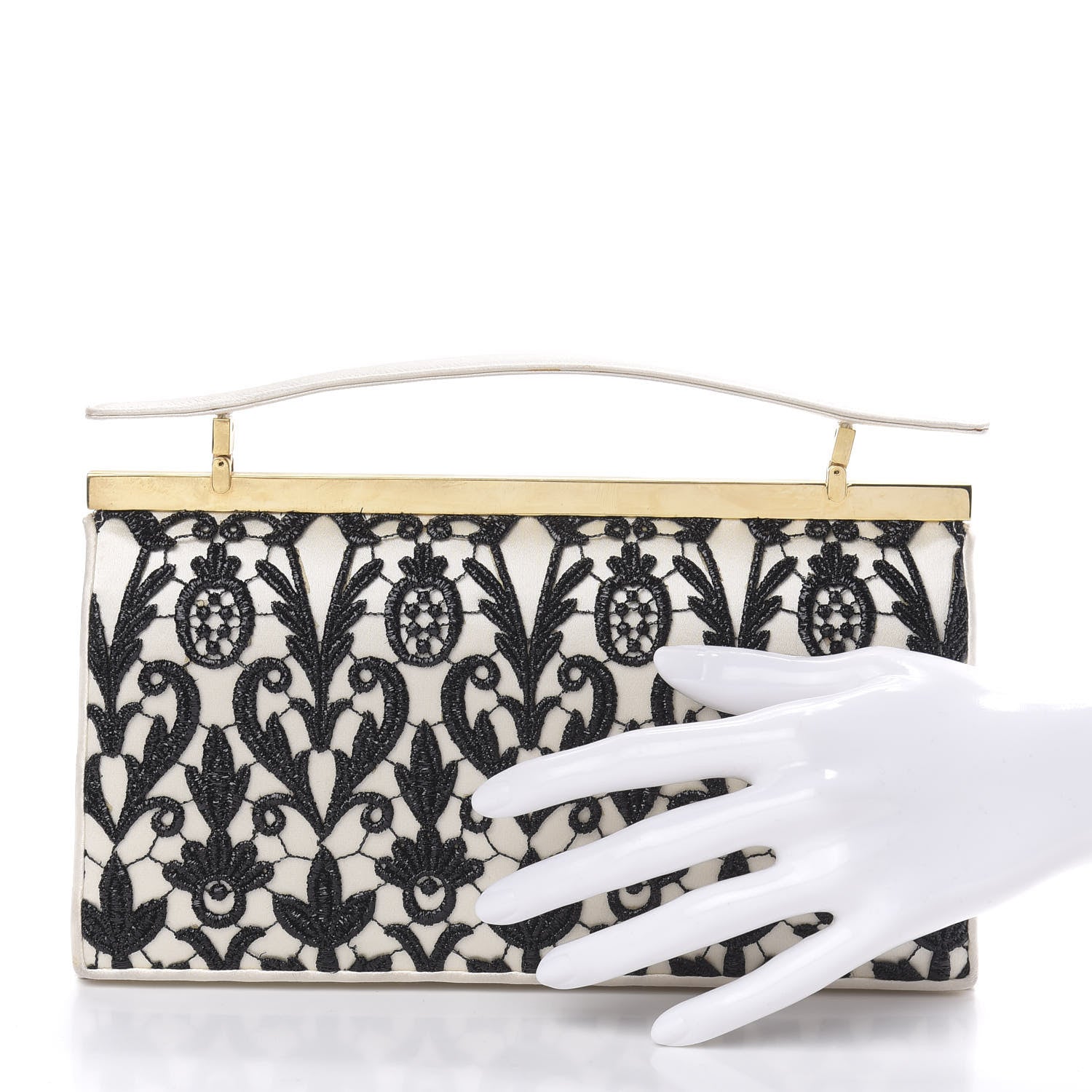 Judith Leiber Satin Lace Clutch Ivory Black 2 of 12