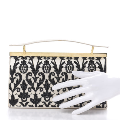 Judith Leiber Satin Lace Clutch Ivory Black 2 of 12