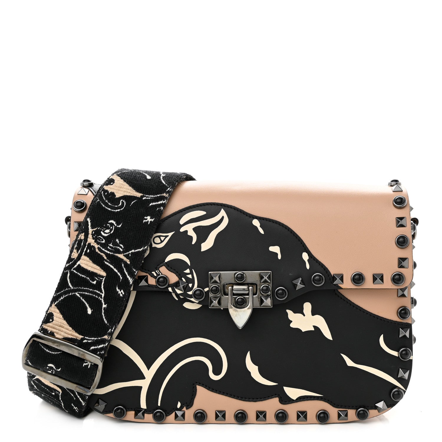 Valentino Garavani Calfskin Panther Medium Guitar Strap Rockstud Rolling Flap Saddle Bag Beige Black 1 of 9