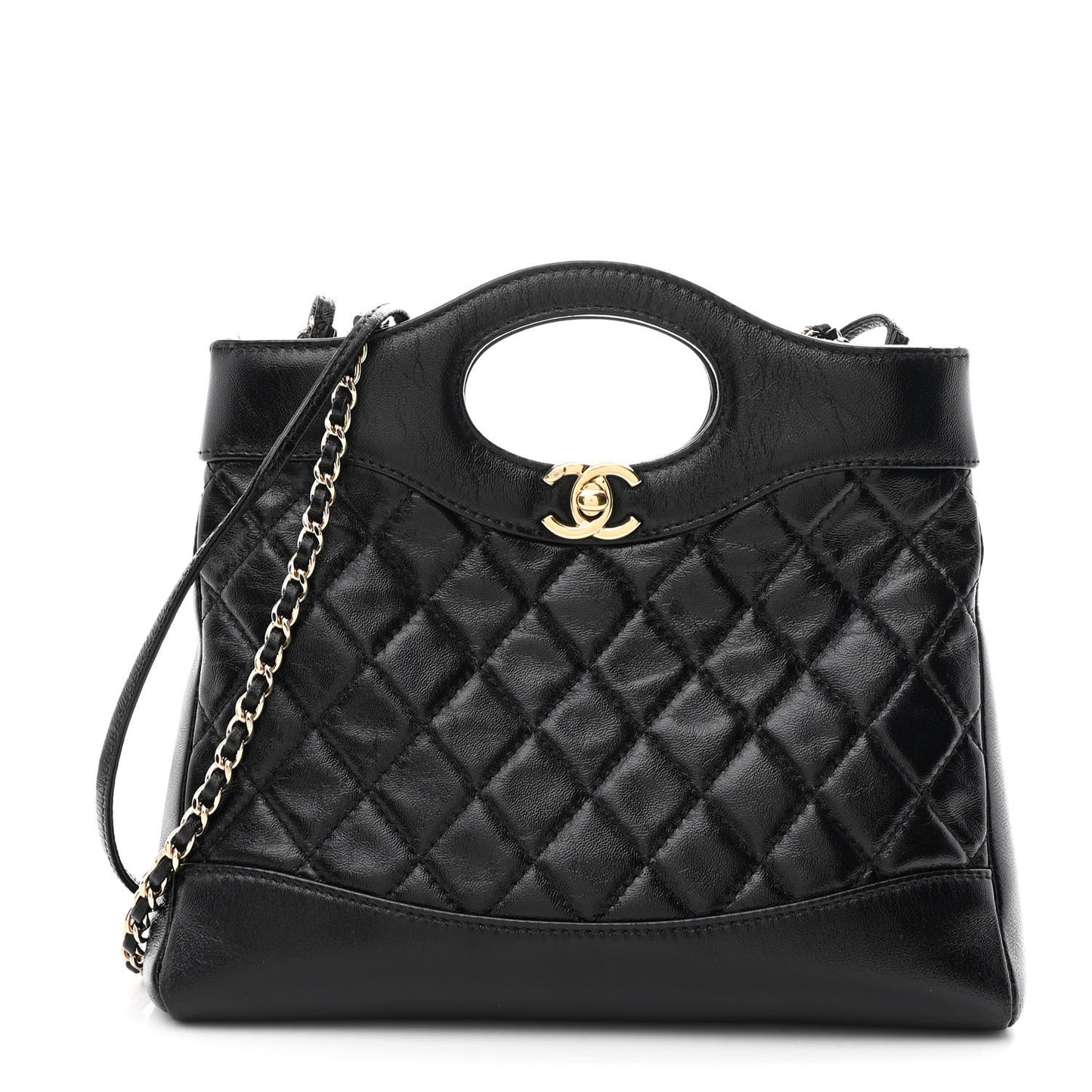 Shiny Crumpled Calfskin Quilted Mini 31 Shopping Bag Black