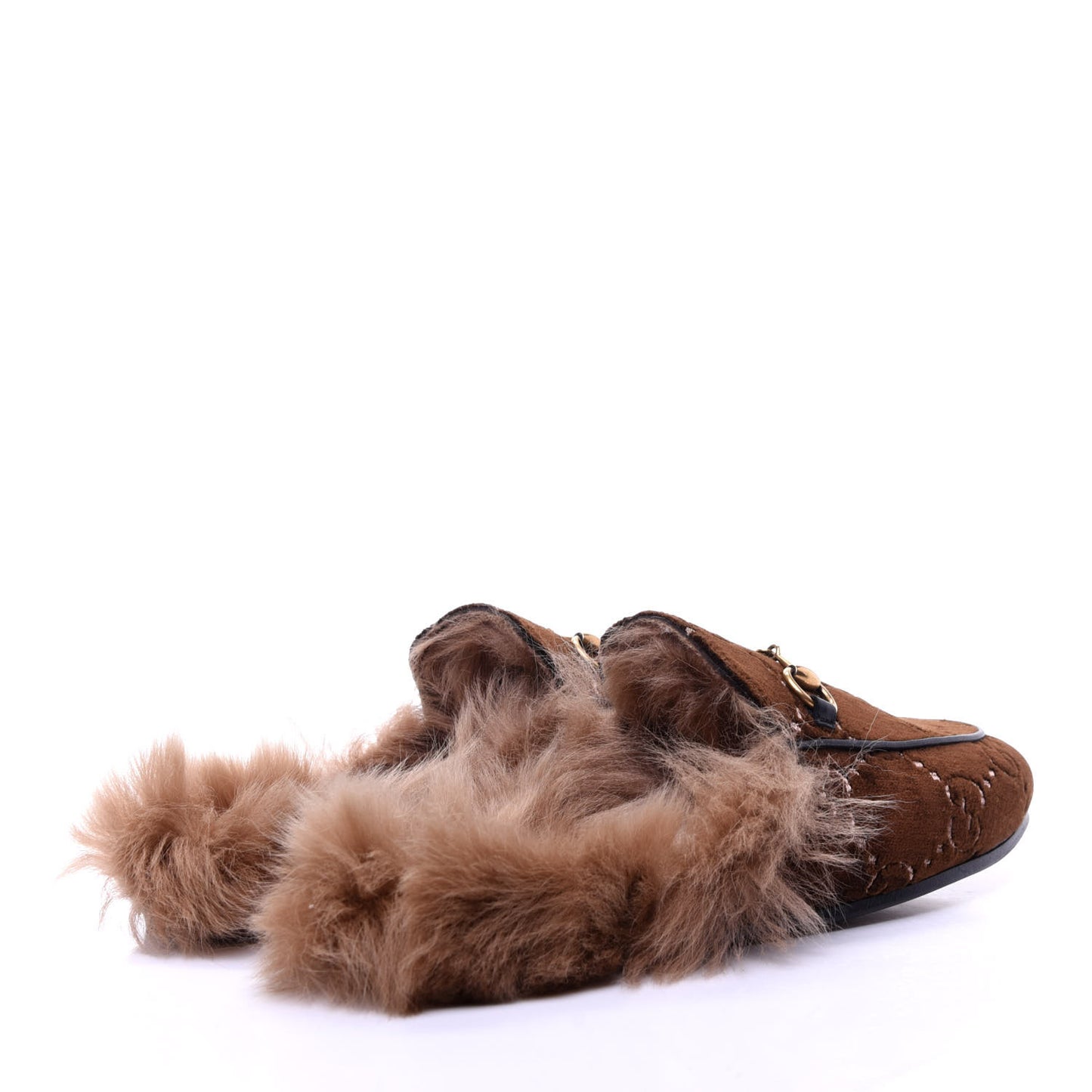 Velvet GG Monogram Fur Womens Princetown Slippers 37.5 Brown Black Natural