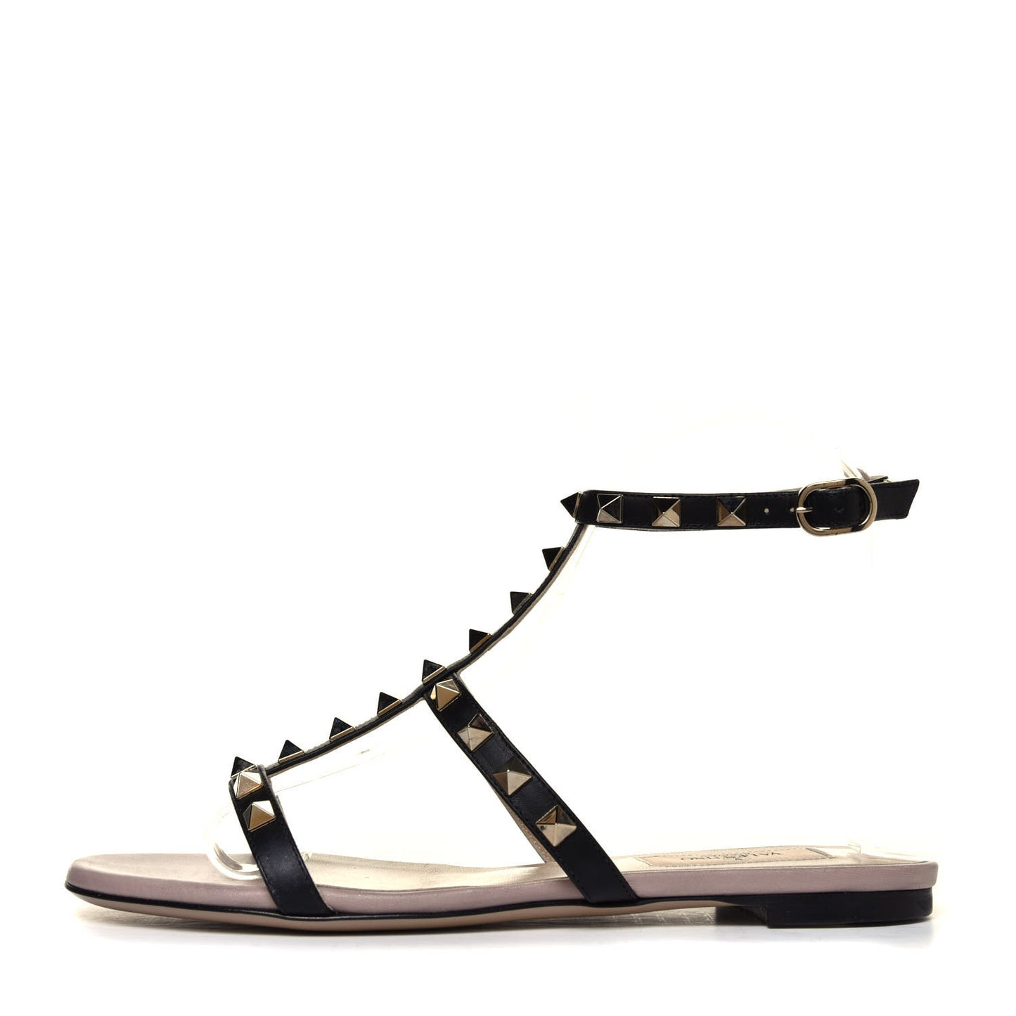 Calfskin Rockstud Ankle Strap Flat Sandals 36.5 Black Poudre