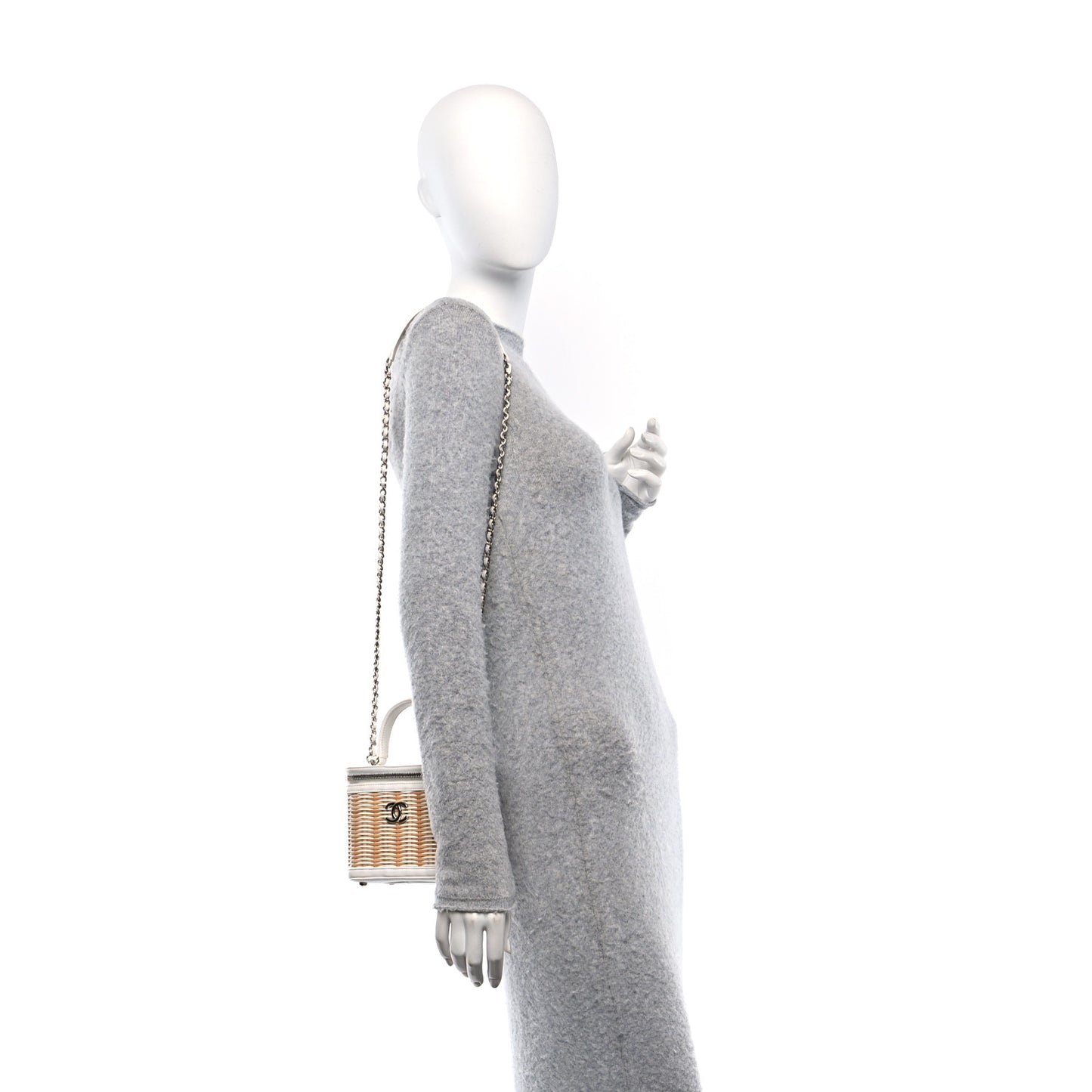 Calfskin Raffia Small Vanity Case Bag White Beige