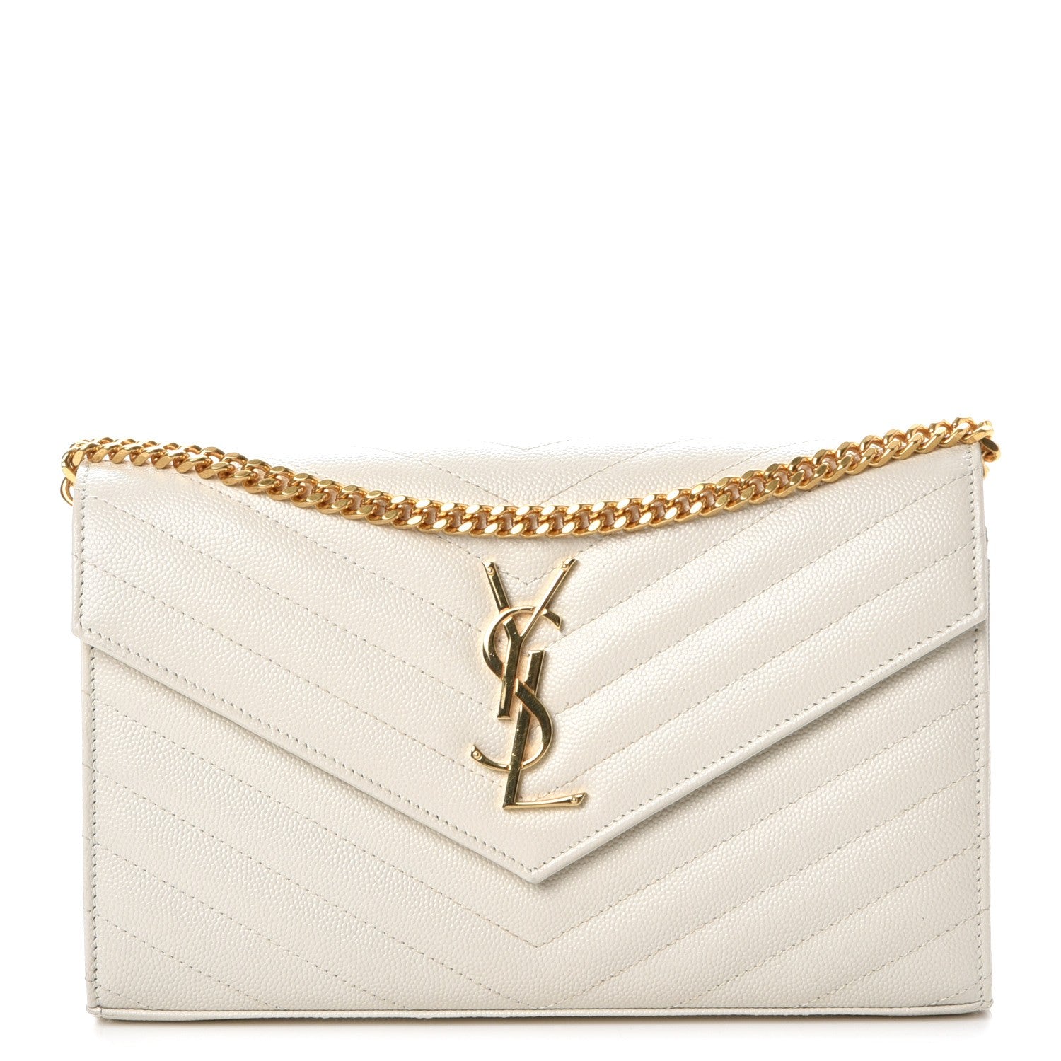 Saint Laurent Grain De Poudre Matelasse Chevron Monogram Chain Wallet White 1 of 9