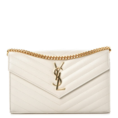 Saint Laurent Grain De Poudre Matelasse Chevron Monogram Chain Wallet White 1 of 9