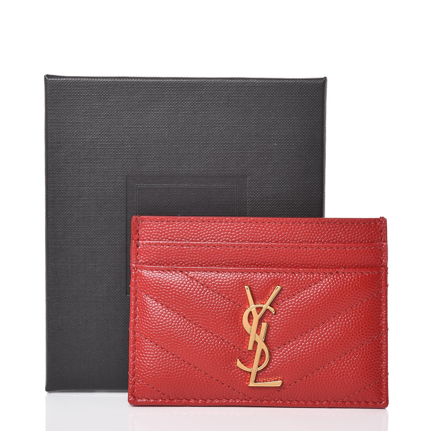 Saint Laurent Grain De Poudre Matelasse Chevron Monogram Credit Card Case New Red 8 of 8