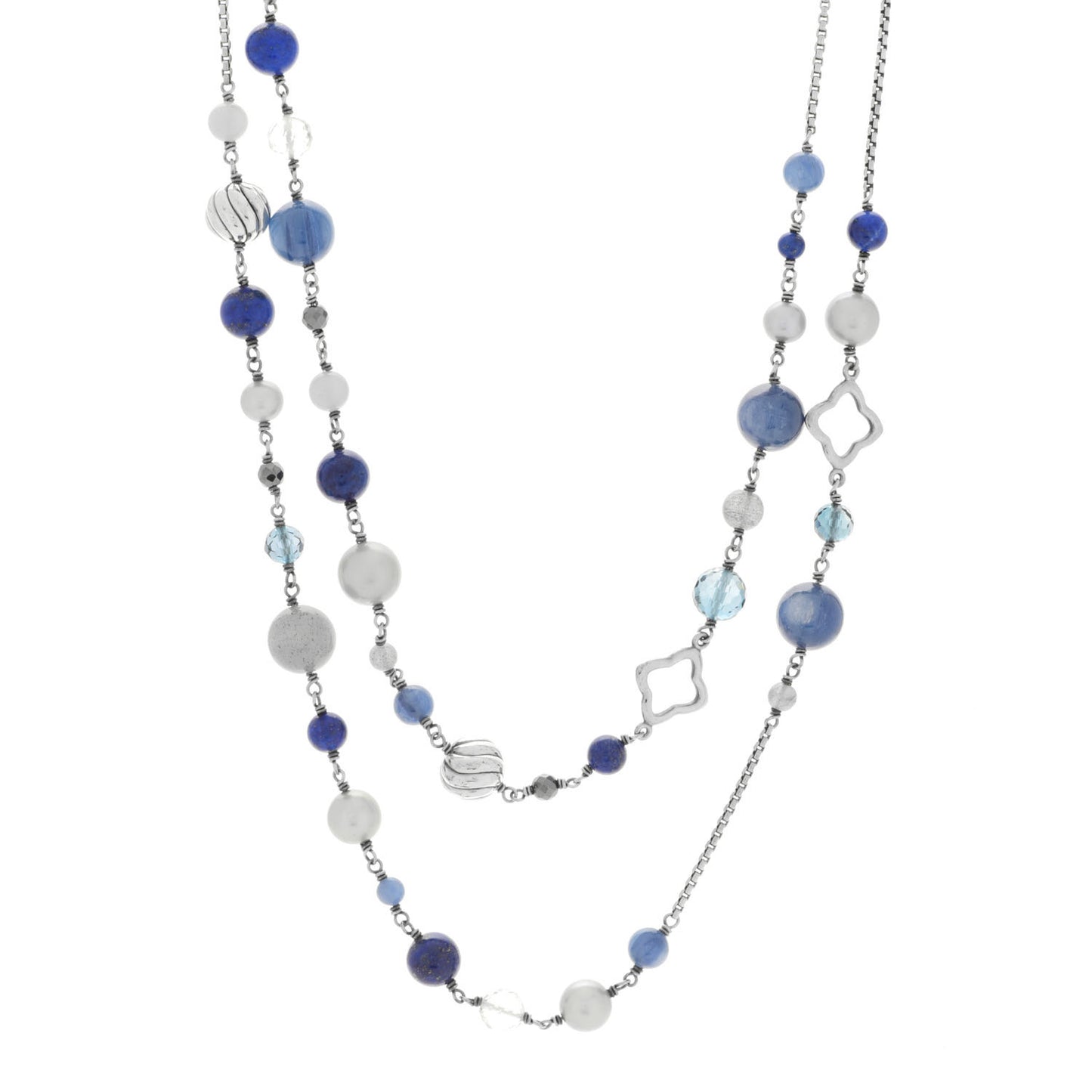 Sterling Silver Lapis Lazuli Labradorite Gray Pearl Blue Sapphire Hematite Quartz Bead Elements Station Necklace