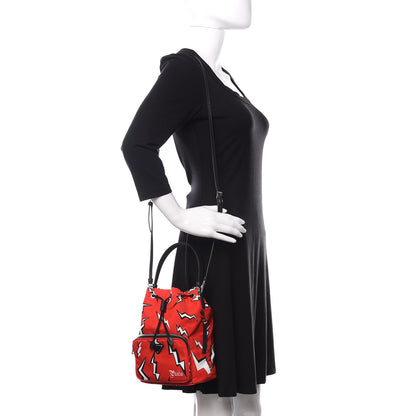 Prada X UNIVERSAL STUDIOS Tessuto Nylon Saffiano Thunder Frankenstein Mini Bucket Crossbody Bag Rosso Black 2 of 9