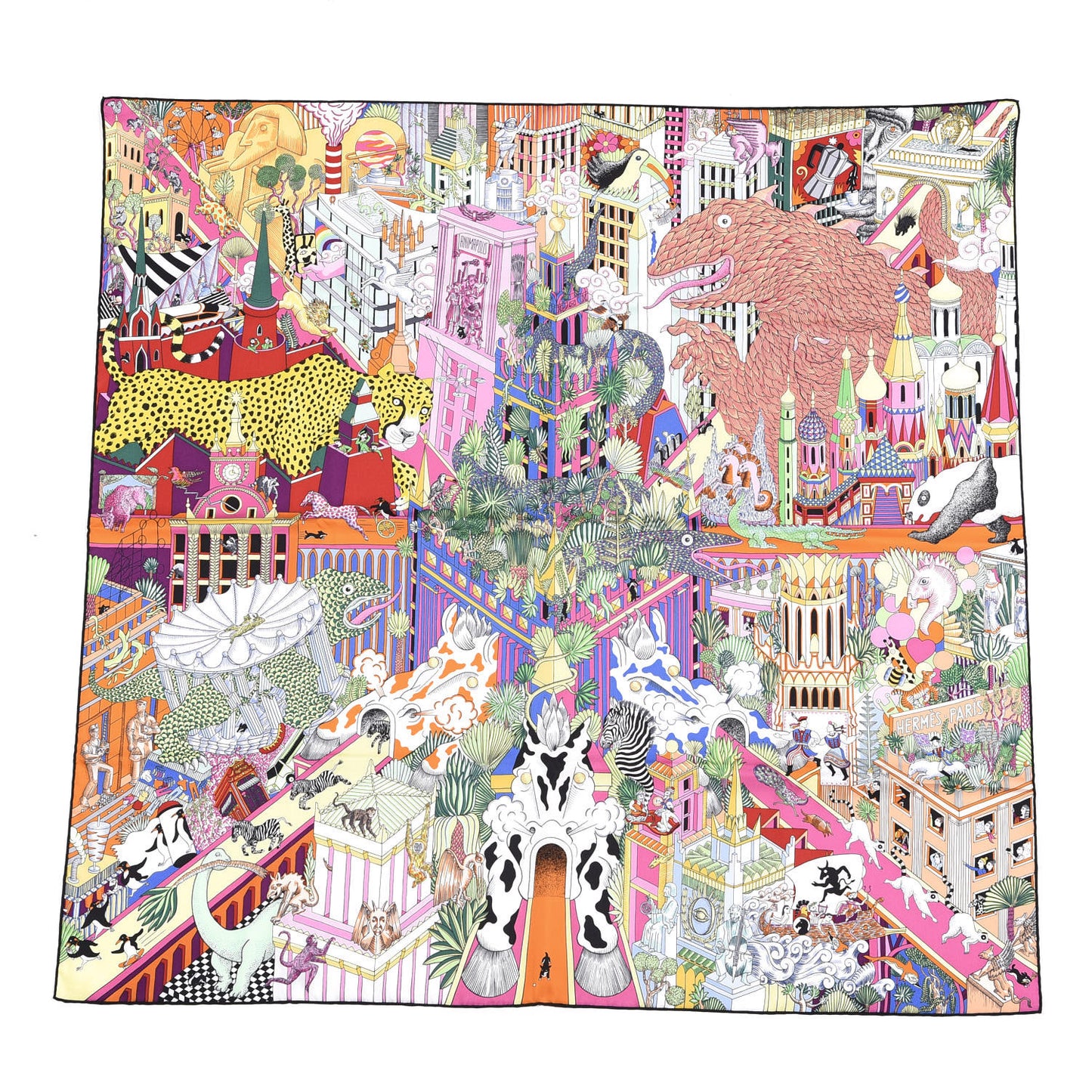 Silk Animapolis Scarf 90 Jaune Vif Vert Rose