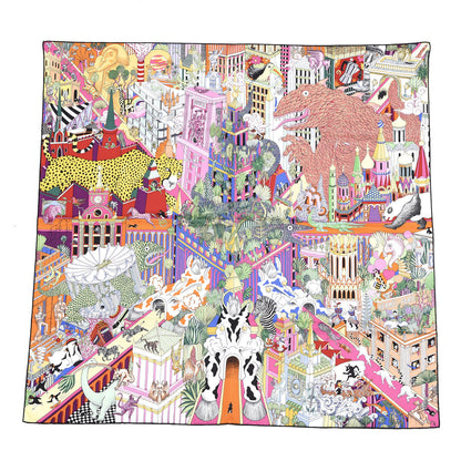 Hermes Silk Animapolis Scarf 90 Jaune Vif Vert Rose 1 of 3