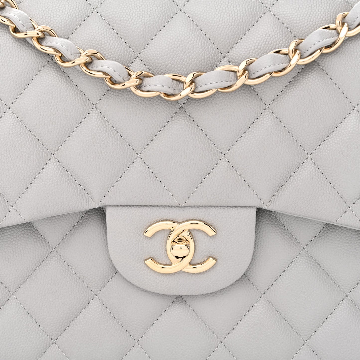 Caviar Quilted Jumbo Double Flap Light Grey