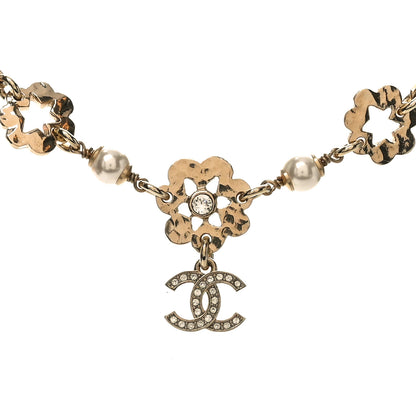 Chanel Metal Crystal Pearl CC Camellia Choker Necklace Gold 1 of 4