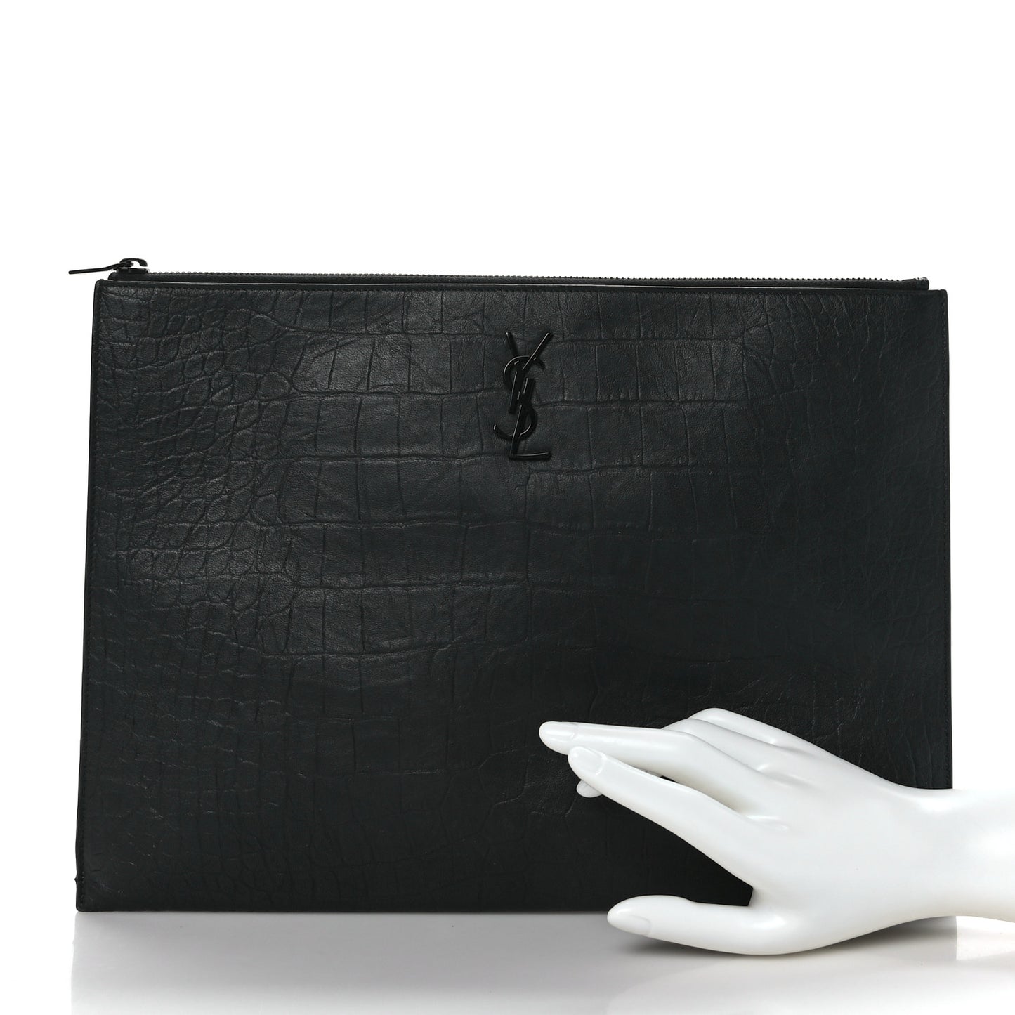 Calfskin Crocodile Embossed Monogram Zipped Pouch Black