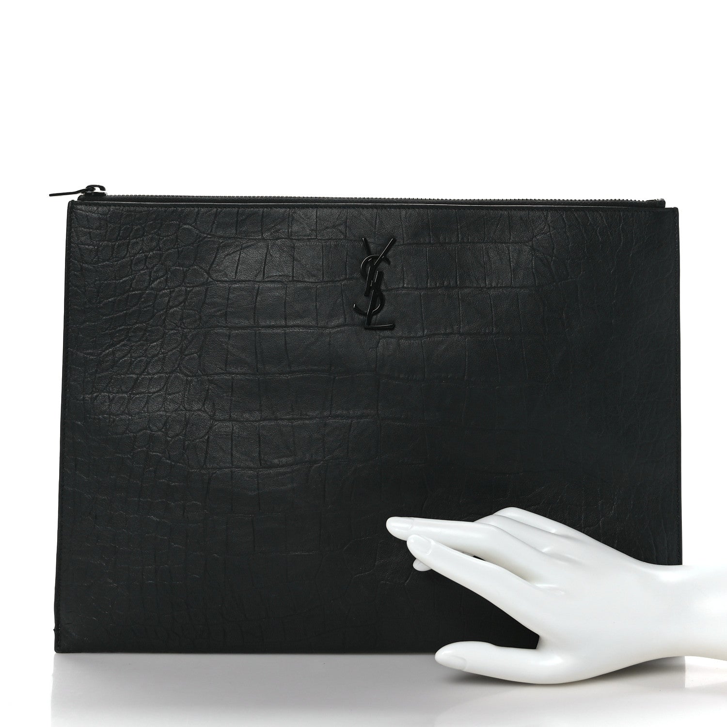 Saint Laurent Calfskin Crocodile Embossed Monogram Zipped Pouch Black 2 of 7