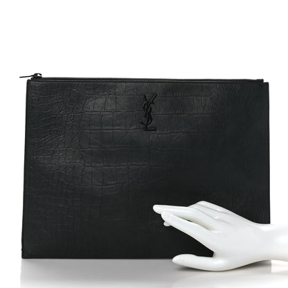 Saint Laurent Calfskin Crocodile Embossed Monogram Zipped Pouch Black 2 of 7