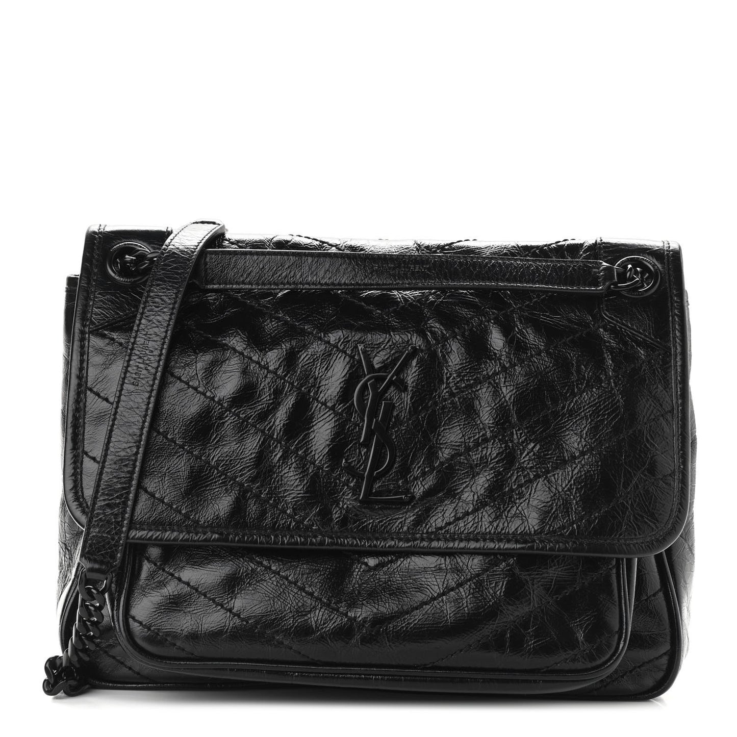 Crinkled Calfskin Matelasse Monogram Medium Niki Chain Satchel Black