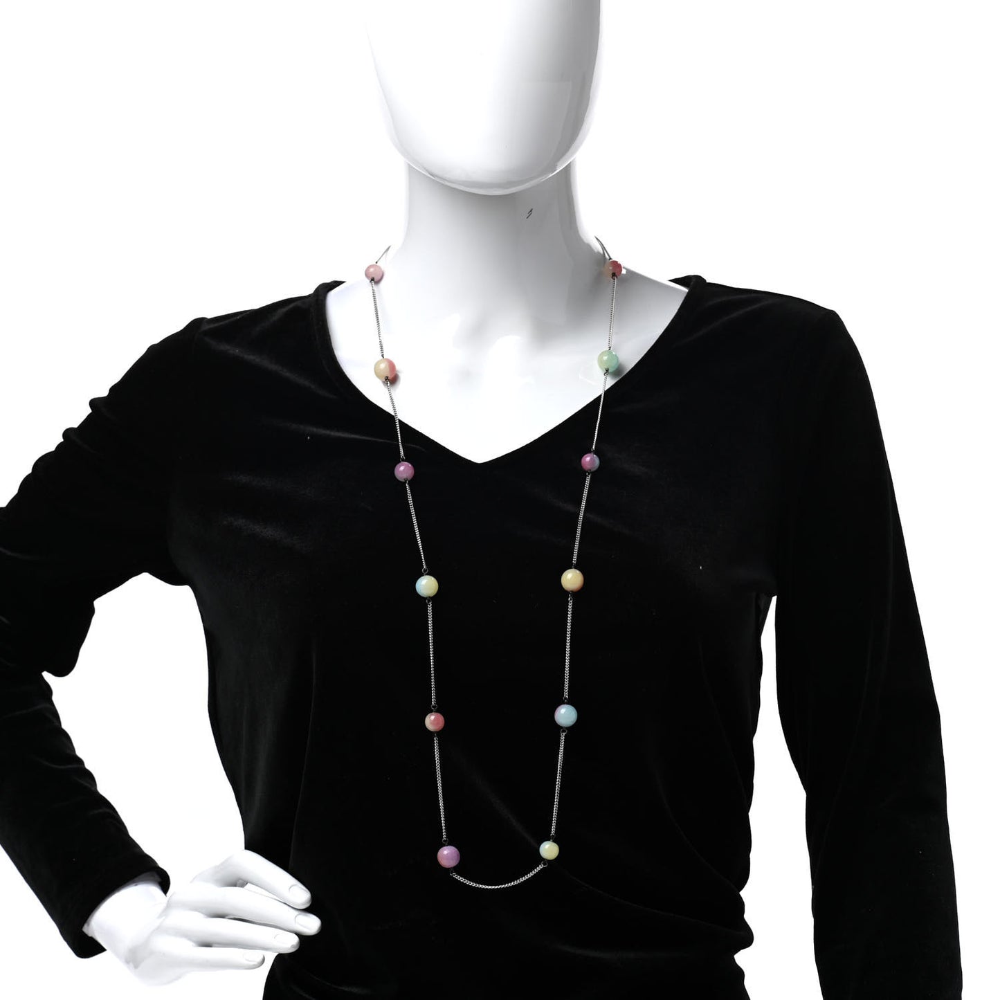 Pearl Beaded CC Logo Long Necklace Silver Multicolor