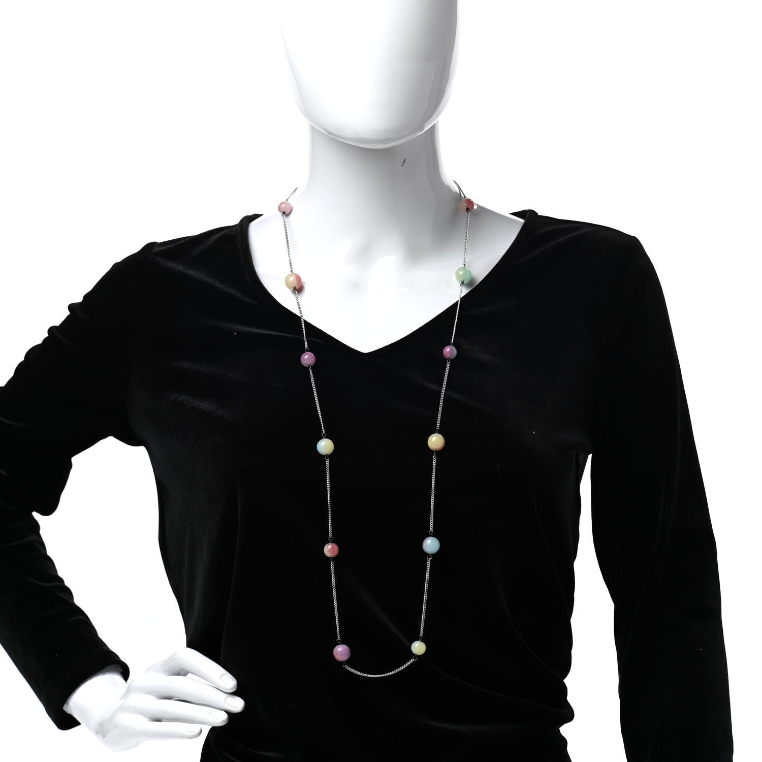 Chanel Pearl Beaded CC Logo Long Necklace Silver Multicolor 2 of 6