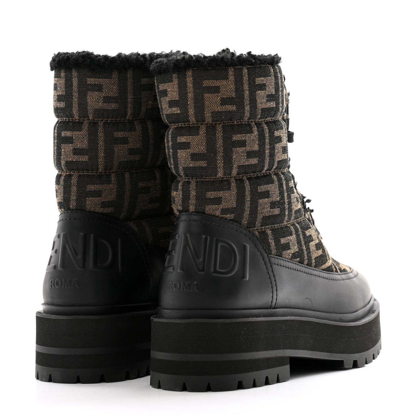Vitello Nylon Jacquard Fabric FF Signature Biker Boots 35.5 Black Tobacco