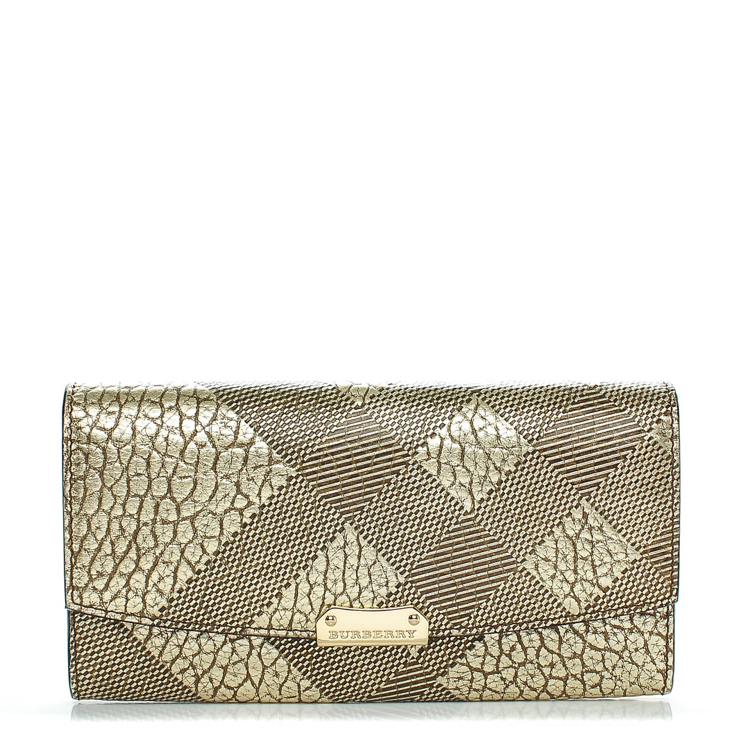 Metallic Signature Grain Calfskin Check Embossed Porter Continental Wallet Camel Gold