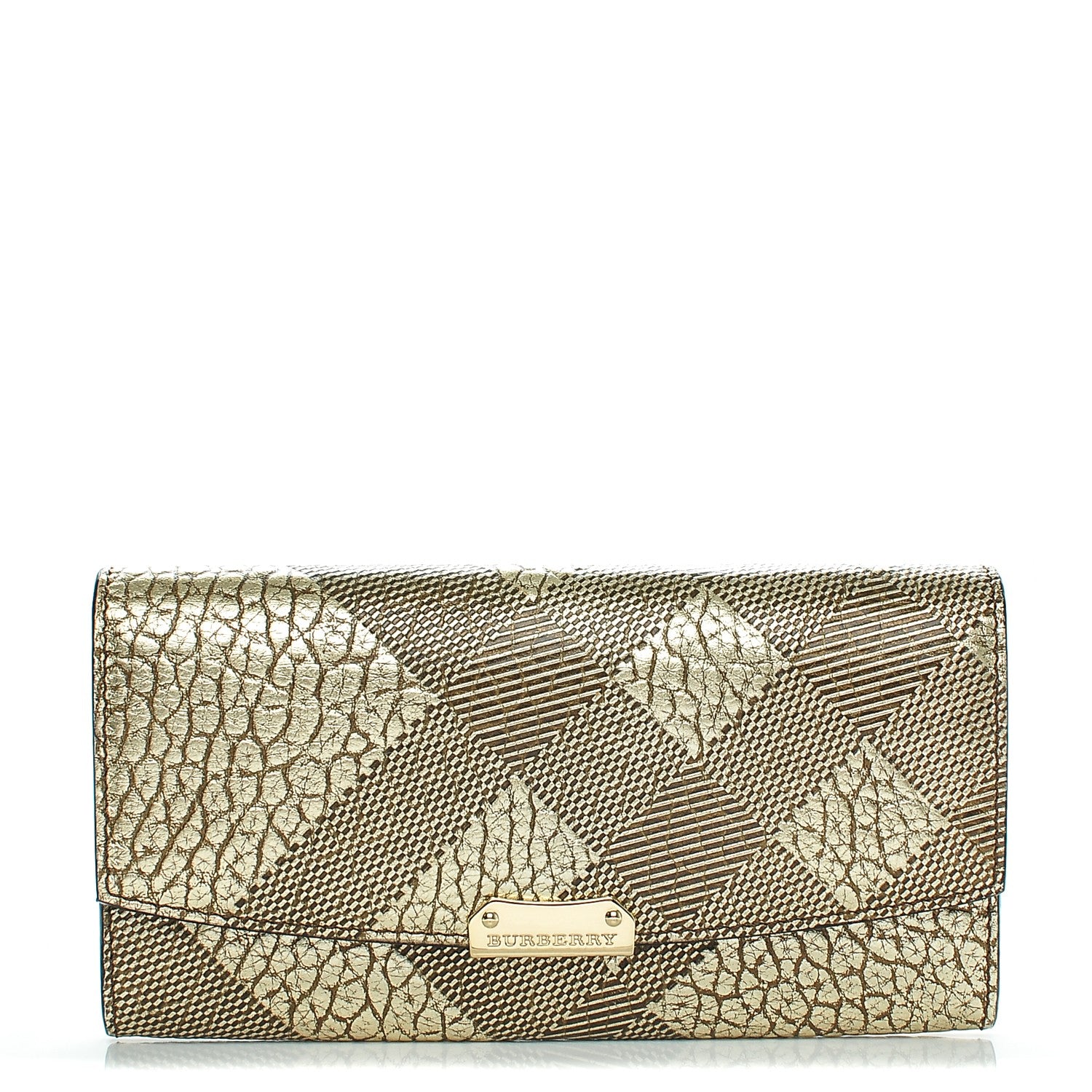 Burberry Metallic Signature Grain Calfskin Check Embossed Porter Continental Wallet Camel Gold 1 of 7