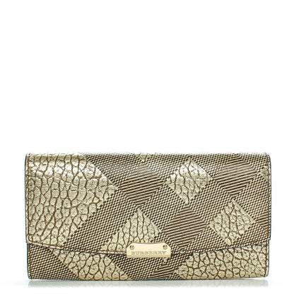 Burberry Metallic Signature Grain Calfskin Check Embossed Porter Continental Wallet Camel Gold 1 of 7