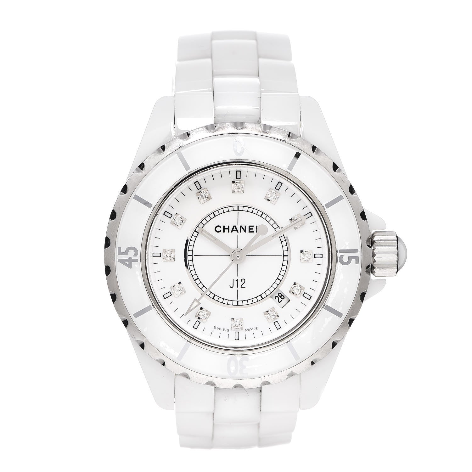 Chanel Stainless Steel Ceramic Diamond 33mm J12 Quartz Watch White 1 of 7