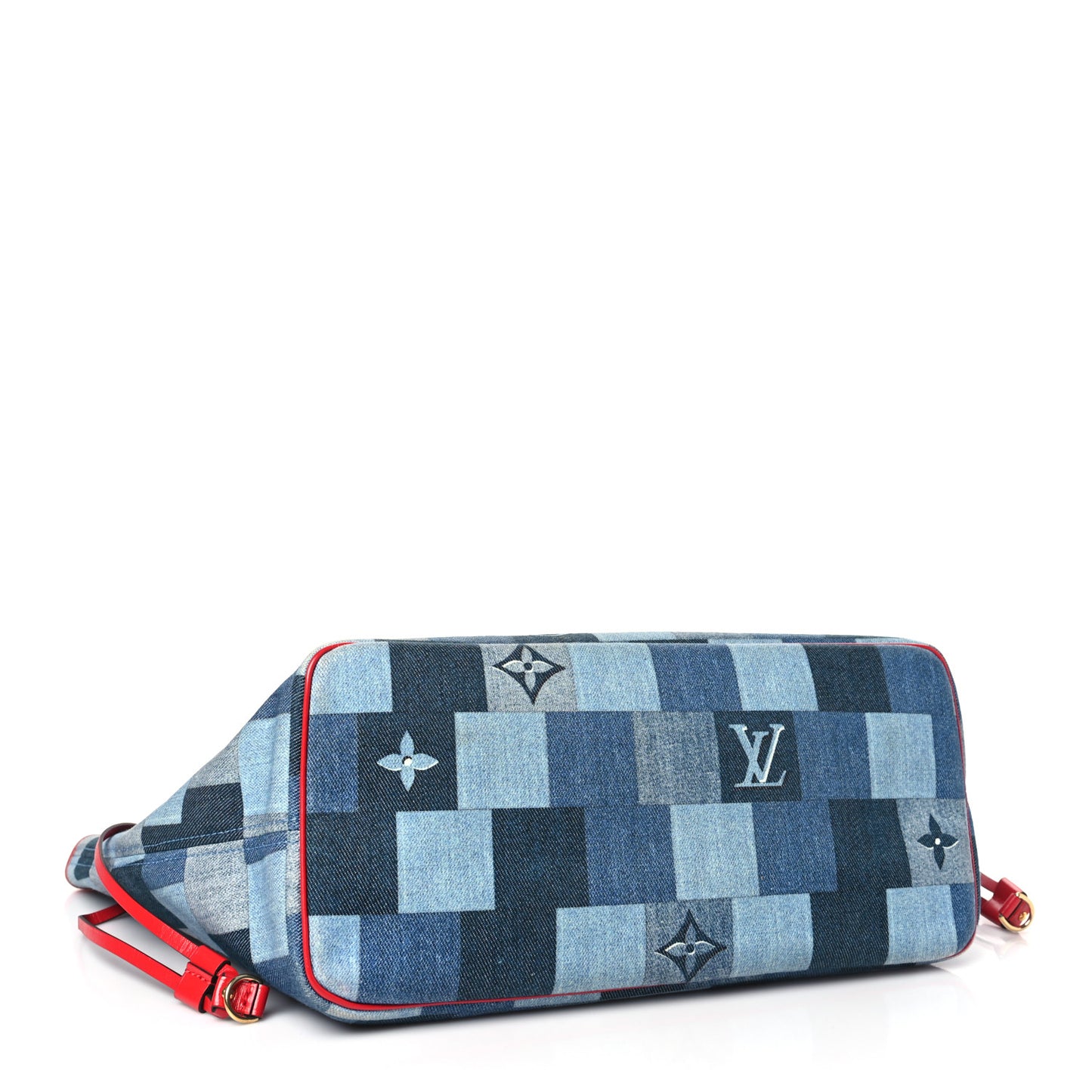 Denim Damier Monogram Patchwork Neverfull Blue Rouge