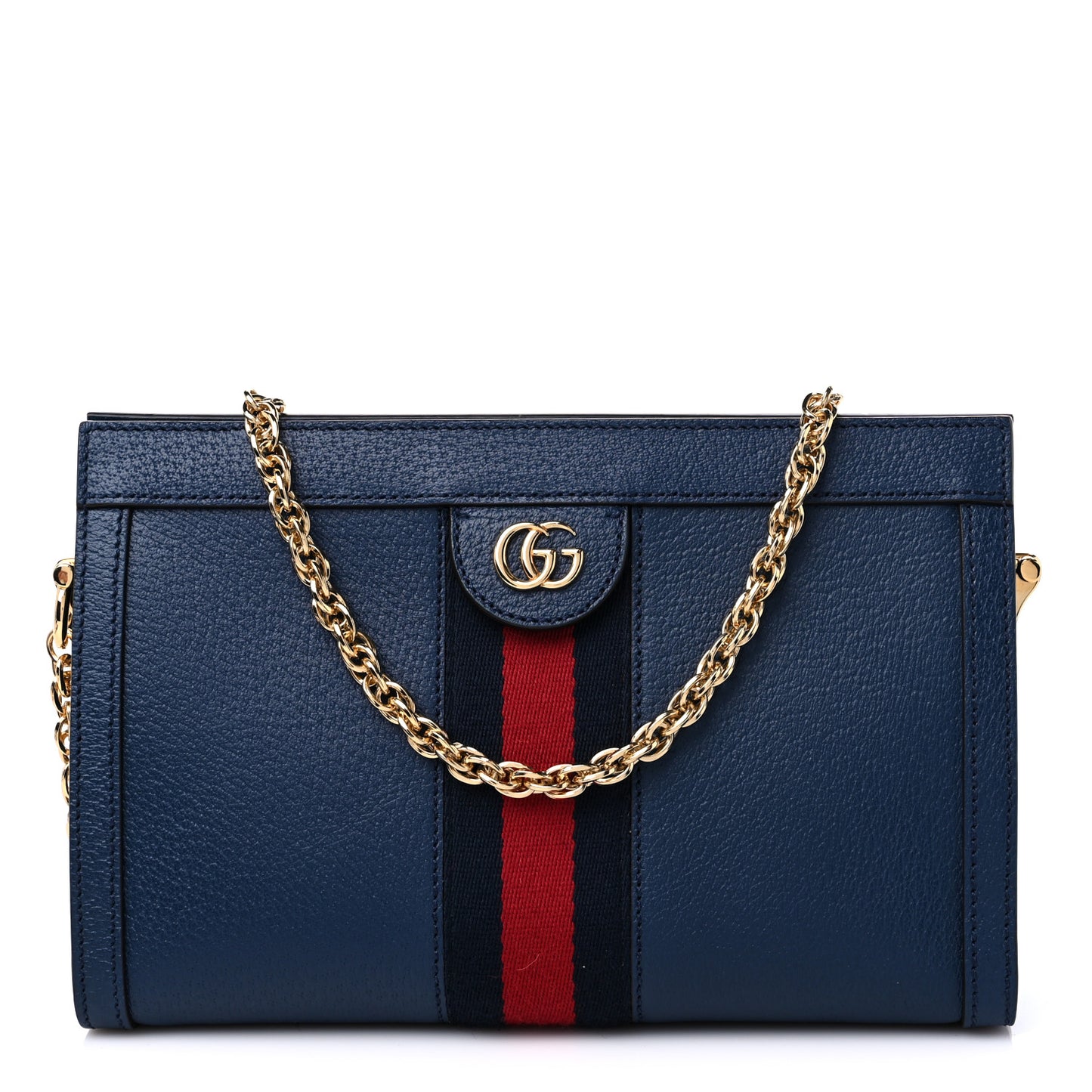 Textured Calfskin Web Small Ophidia Chain Shoulder Bag Blue Agata