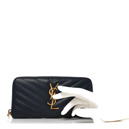 Saint Laurent Grain De Poudre Matelasse Chevron Monogram Zip Around Wallet Deep Marine 2 of 7