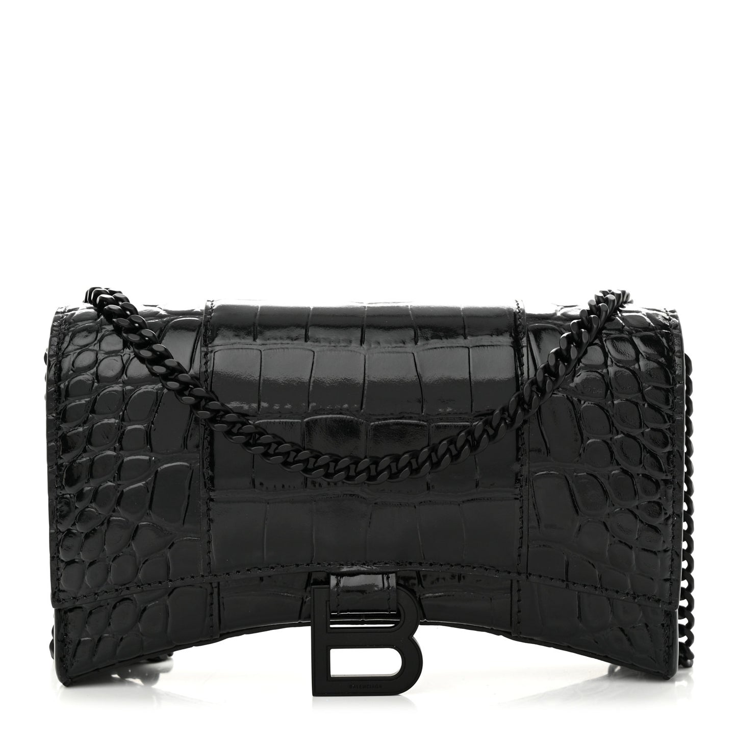 Shiny Calfskin Monochrome Crocodile Embossed Hourglass Chain Bag Black