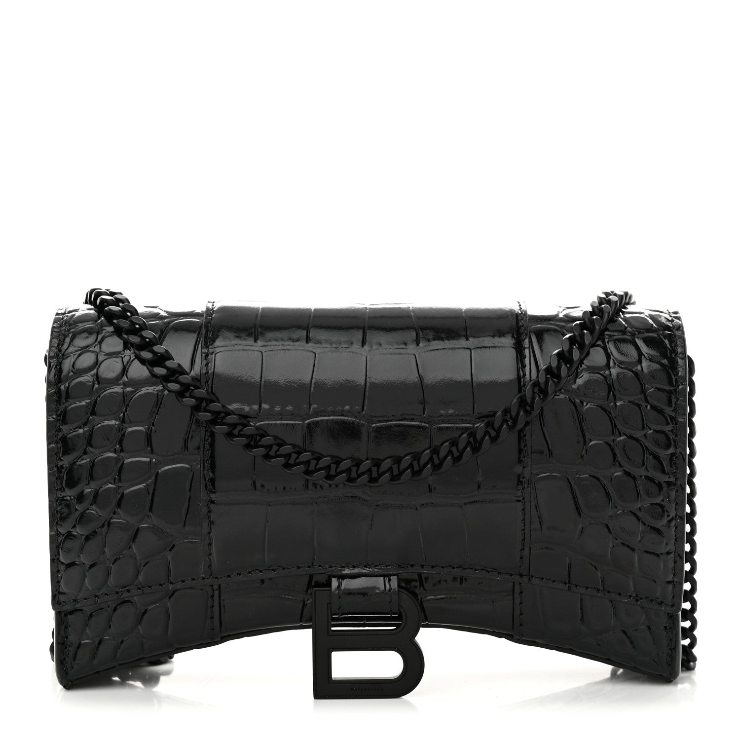 Balenciaga Shiny Calfskin Monochrome Crocodile Embossed Hourglass Chain Bag Black 1 of 9