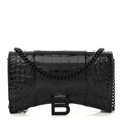 Balenciaga Shiny Calfskin Monochrome Crocodile Embossed Hourglass Chain Bag Black 1 of 9