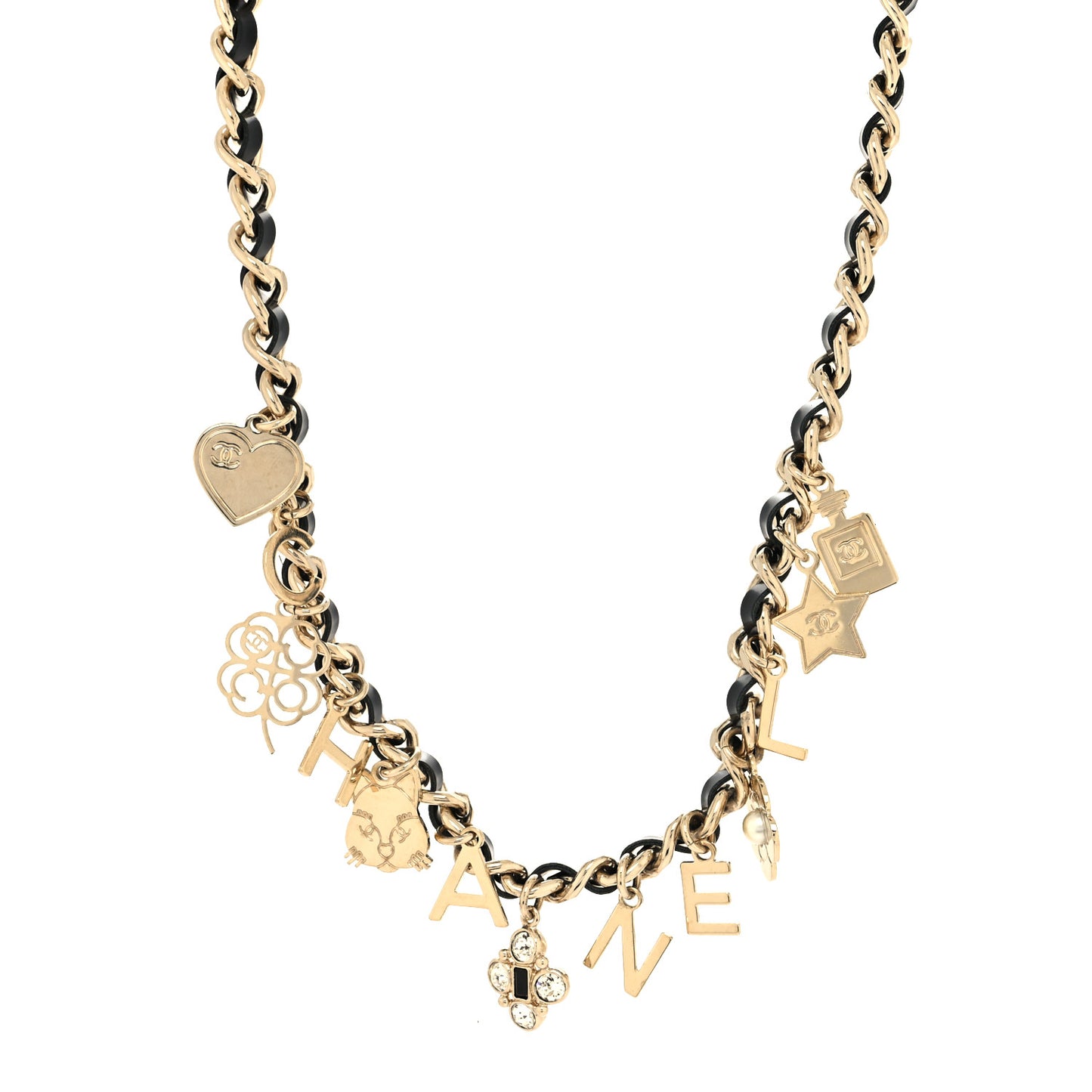 Lambskin Crystal CC Logo Charming Necklace Gold Black