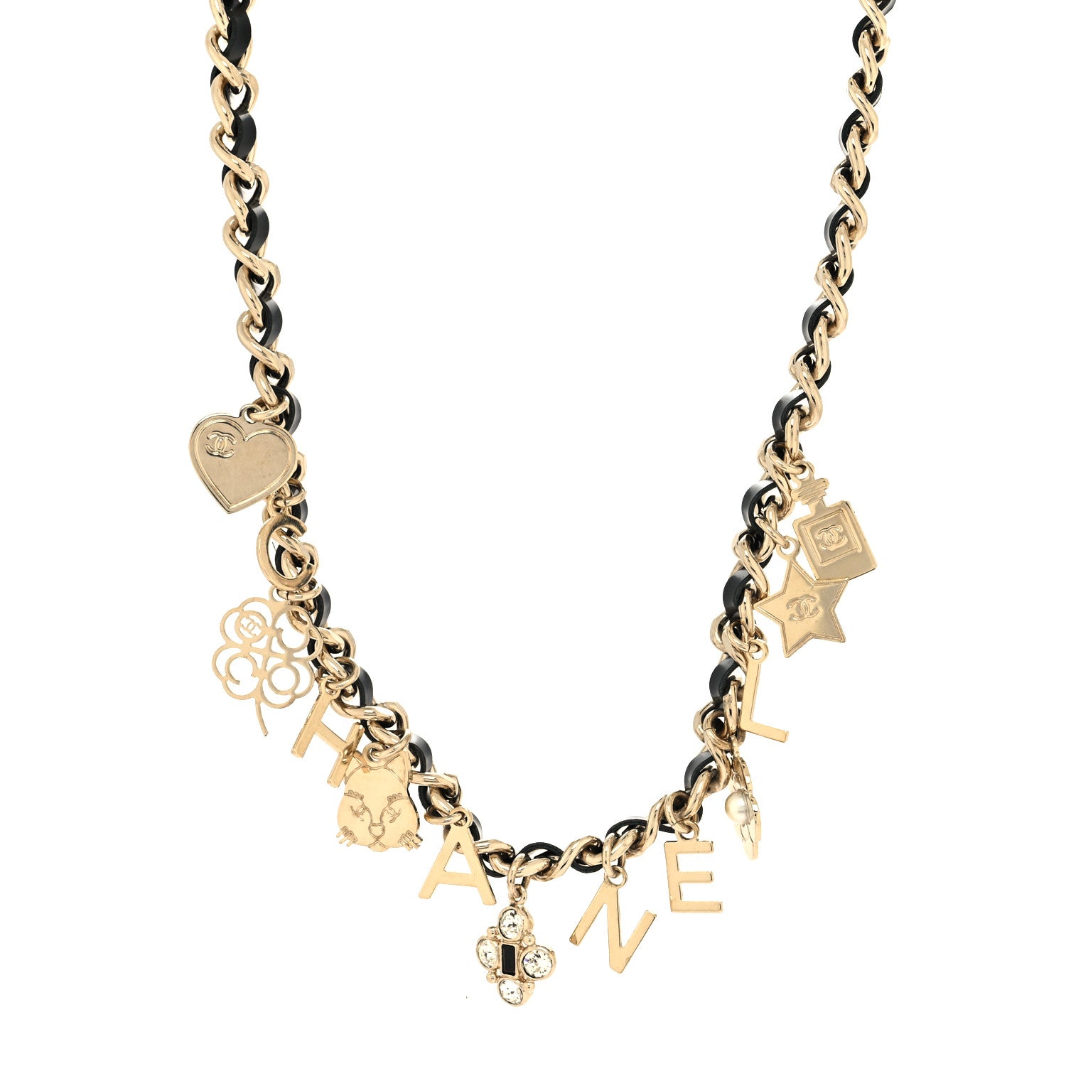 Chanel Lambskin Crystal CC Logo Charming Necklace Gold Black 2 of 5
