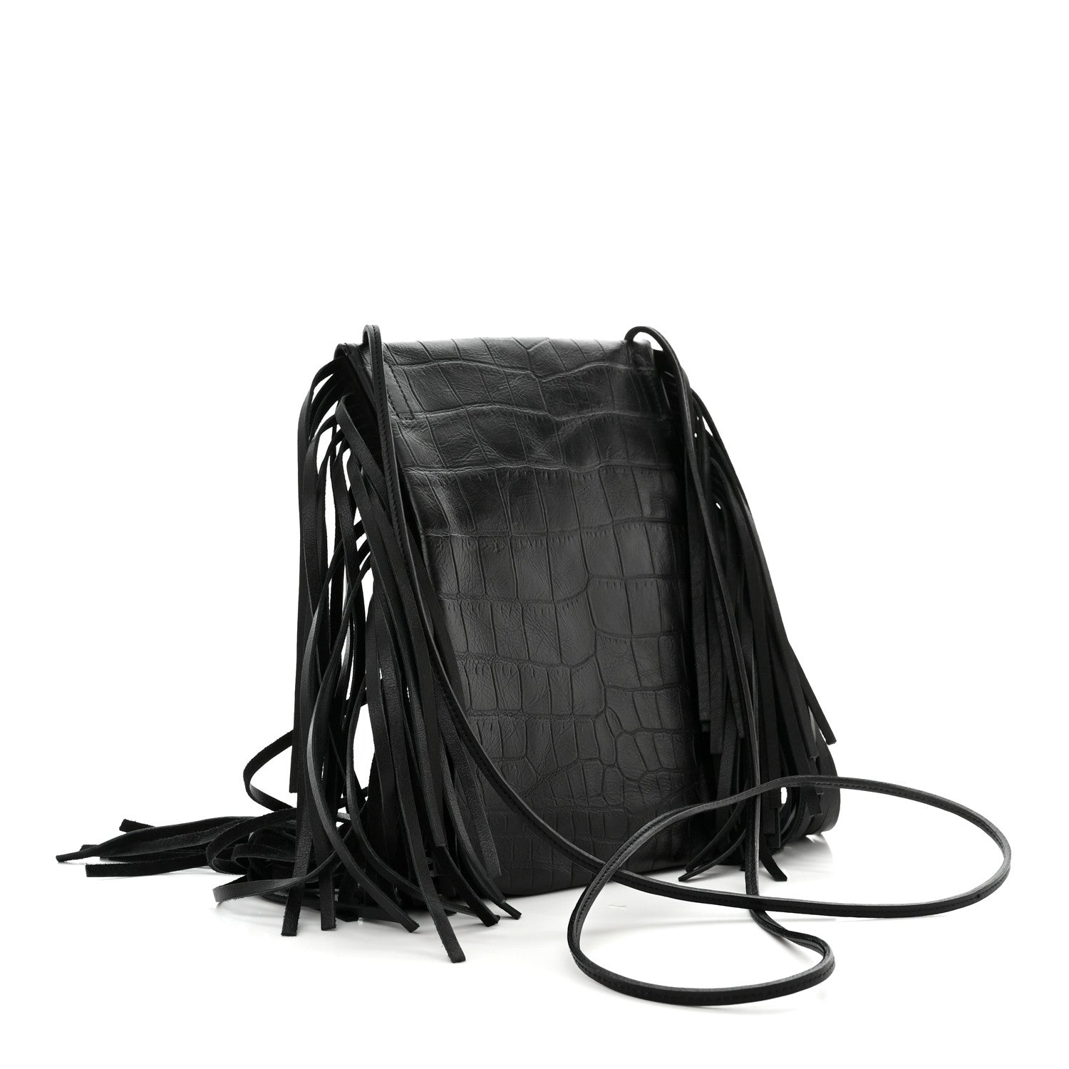 Saint Laurent Calfskin Crocodile Embossed Anita Tassed Crossbody Bag Black 3 of 9