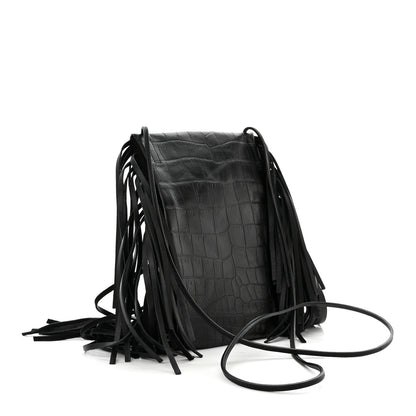 Saint Laurent Calfskin Crocodile Embossed Anita Tassed Crossbody Bag Black 3 of 9