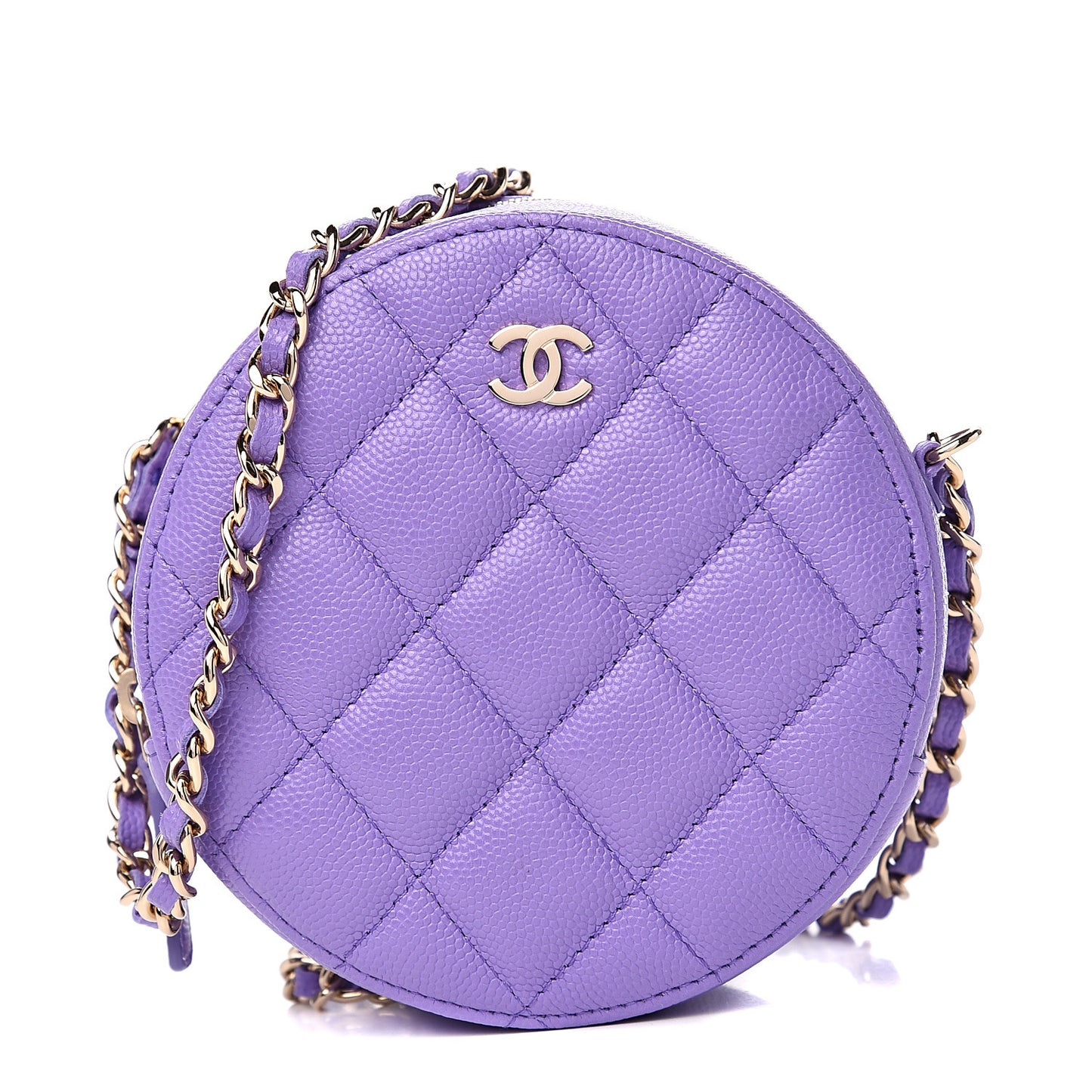Caviar Quilted Round Clutch With Chain Purple