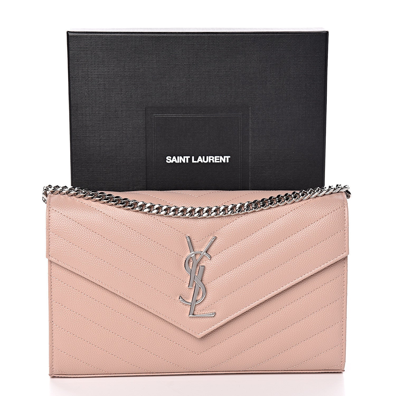 Saint Laurent Grain De Poudre Matelasse Chevron Monogram Chain Wallet Pale Pink 10 of 10