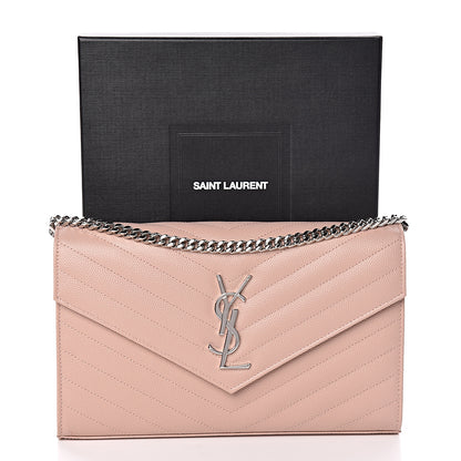 Saint Laurent Grain De Poudre Matelasse Chevron Monogram Chain Wallet Pale Pink 10 of 10