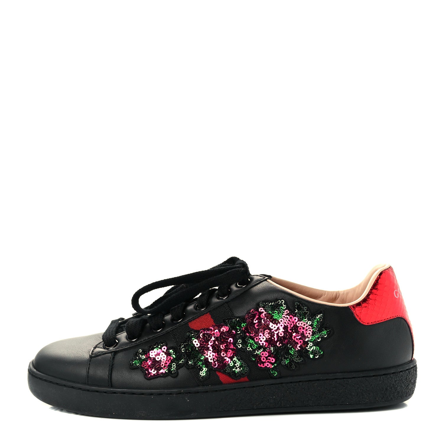 Gucci Calfskin Sequins Web Floral Womens Ace Sneakers 35 Black 1 of 12
