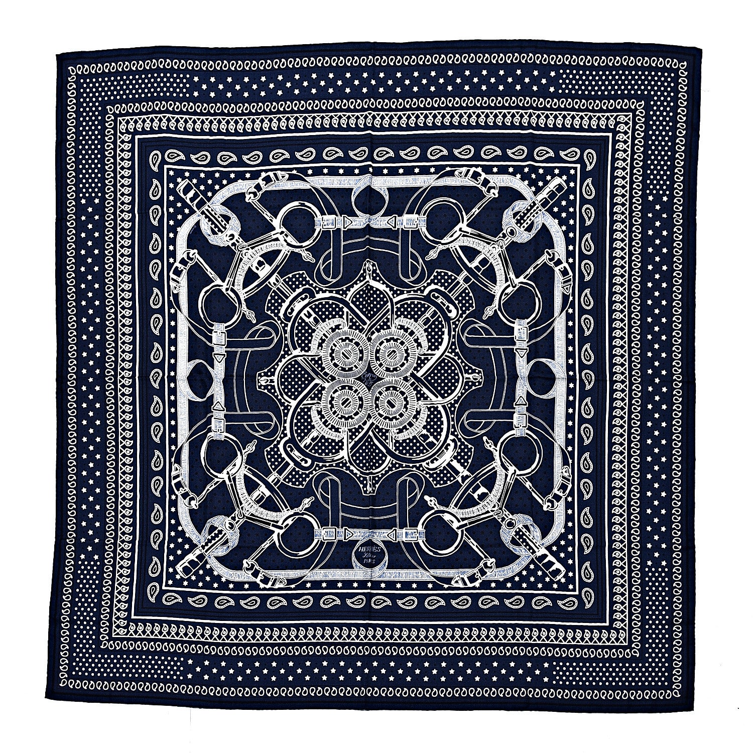 Hermes Cashmere Silk Eperon D'Or Shawl 140 Marine White Black 1 of 5