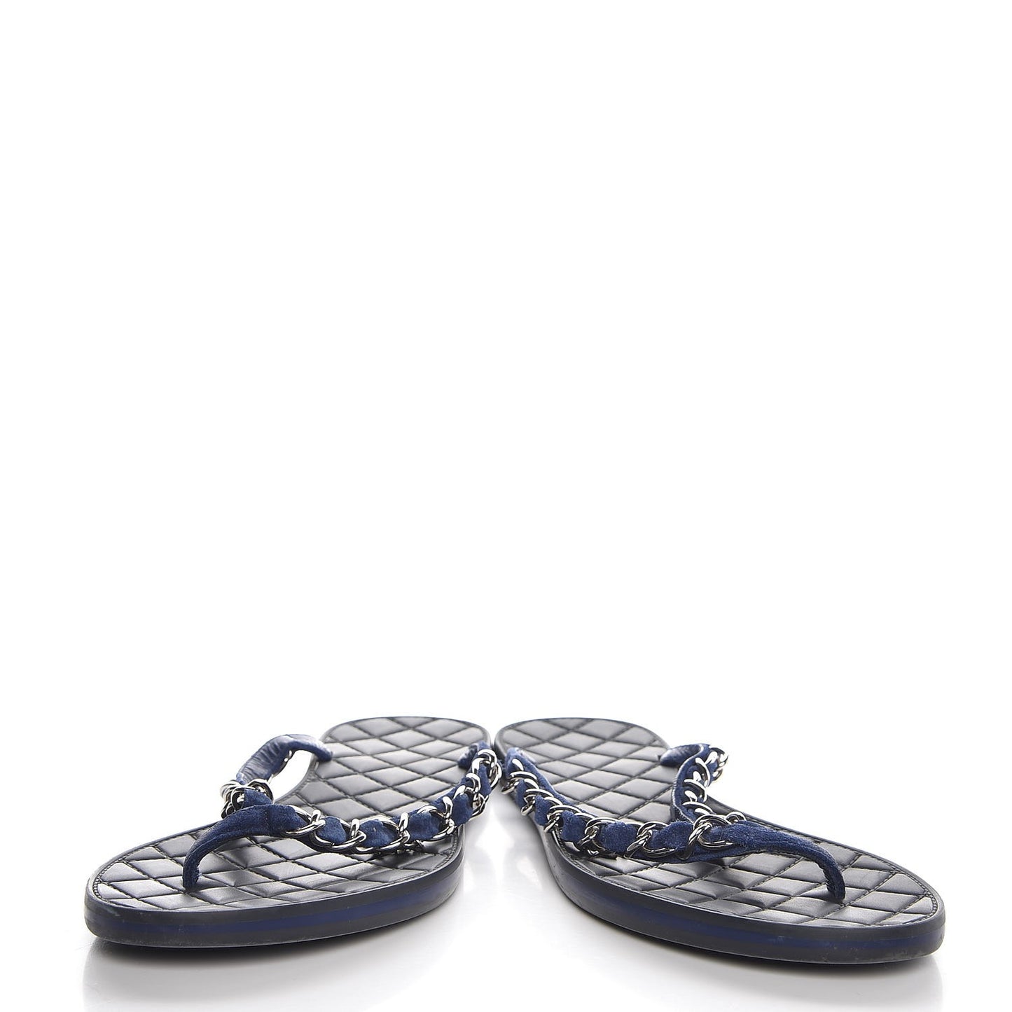 Suede Calfskin Quilted Chain Thong Sandals 38 Navy Blue