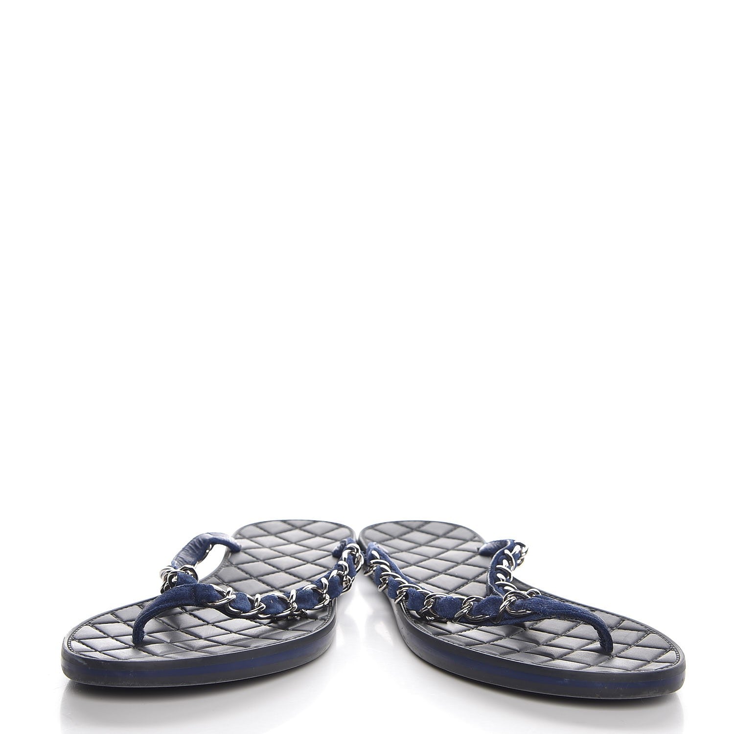 Chanel Suede Calfskin Quilted Chain Thong Sandals 38 Navy Blue 6 of 9