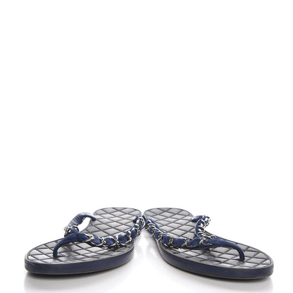 Chanel Suede Calfskin Quilted Chain Thong Sandals 38 Navy Blue 6 of 9
